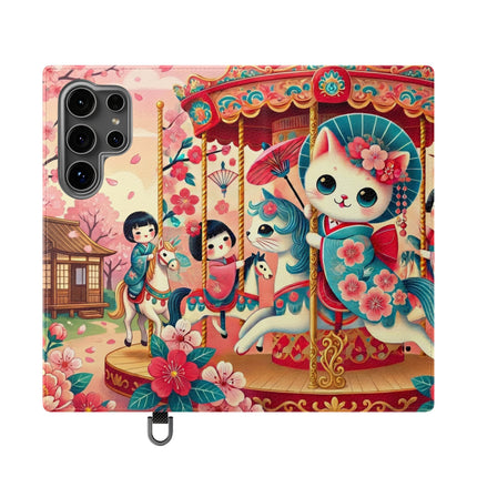 🎠🌸 Geisha Kitten's Enchanted Carousel Flip Case – Whimsical Dreams & Cherry Blossom Magic