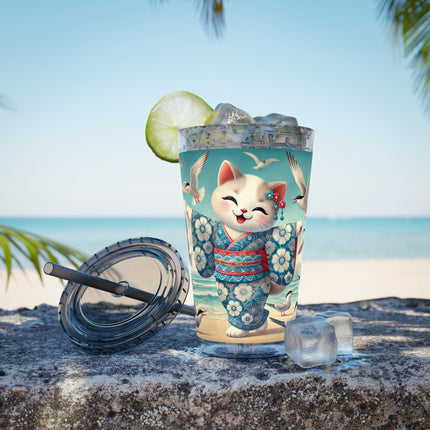 Geisha Kitten by the Seaside Sunsplash Tumbler with Straw, 16oz