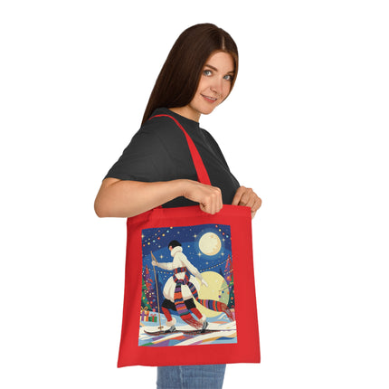 🎿🌙 The Moonlit Christmas Skier Cotton Tote Bag – Art Deco Holiday Adventure