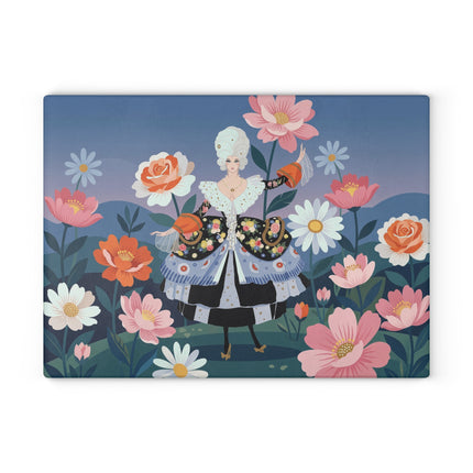 🌸🎀 The Lady Of The Grand Flower Garden Glass Cutting Board – Art Deco Floral Fashion Fantasy