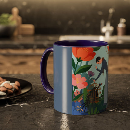 The Lady And The Mysterious Bird Colorful Mugs – Art Deco Botanical Mystery