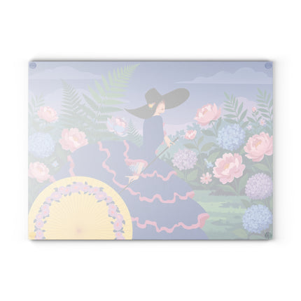 🌸🎩 The Lady Of The Hydrangea Promenade Glass Cutting Board – Art Deco Garden Elegance