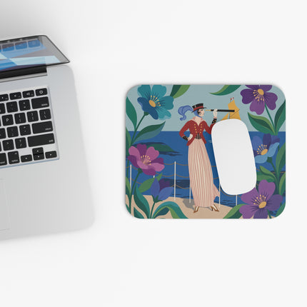🌊🔭 The Lady Of The Golden Sail Mouse Pad – Art Deco Seaside Adventure