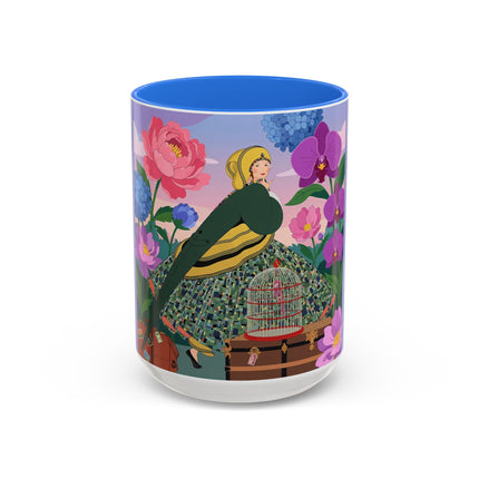 The Lady And The Crimson Birdcage Colorful Mugs – Art Deco Tropical Garden Elegance