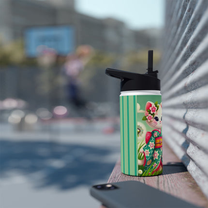Geisha Kitten and the Dandelion Wish Stainless Steel Water Bottle, Standard Lid