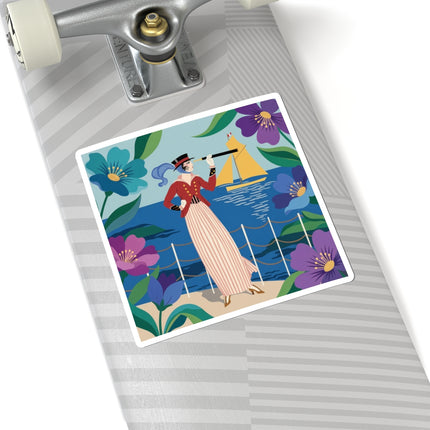 🌊🔭 The Lady Of The Seaside Lookout Kiss-Cut Stickers – Art Deco Nautical Adventure