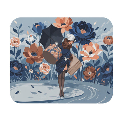 ☂️🌸 The Lady With The Flowered Hatbox Mouse Pad – Art Deco Rainy Day Elegance