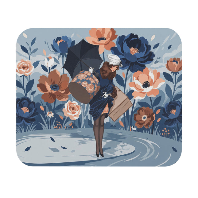 ☂️🌸 The Lady With The Flowered Hatbox Mouse Pad – Art Deco Rainy Day Elegance