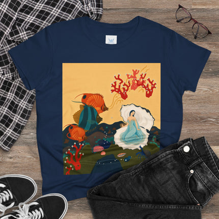 🐚🪸 The Lady Of The Coral Reef Cotton Tee – Art Deco Ocean Fantasy