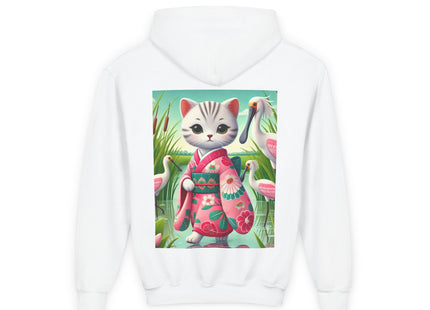 Geisha Kitten Strolls Among the Spoonbills Youth Heavy Blend Hooded Sweatshirt