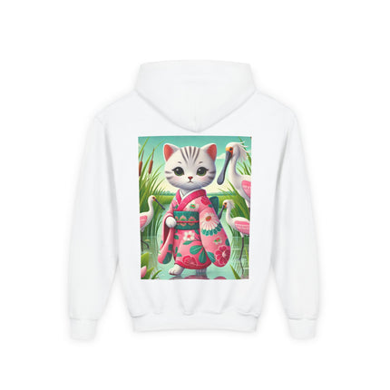 Geisha Kitten Strolls Among the Spoonbills Youth Hooded Sweatshirt – Graceful Nature & Whimsical Charm