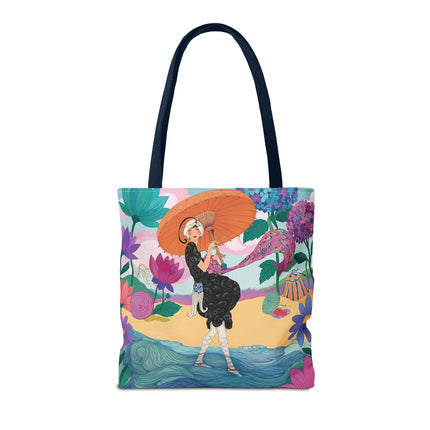 ☂️🌺 The Lady Of The Seaside Parasol Tote Bag – Art Deco Floral Fashion