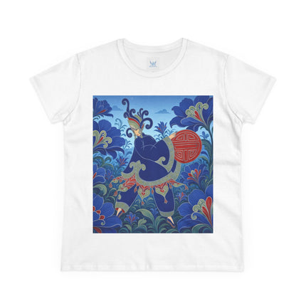 💙🌺 The Imperial Blue Garden Cotton Tee – Art Deco Oriental Elegance