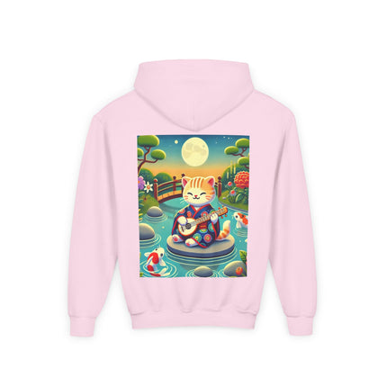 Melodic Kitten by the Koi Pond Youth Hooded Sweatshirt – Peaceful Harmony & Playful Music