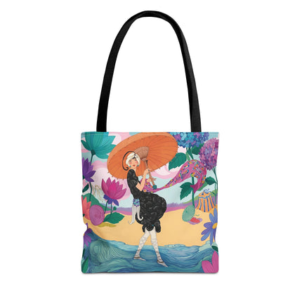 ☂️🌺 The Lady Of The Seaside Parasol Tote Bag – Art Deco Floral Fashion