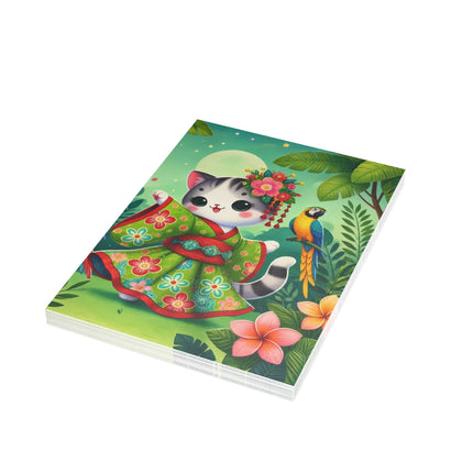 🌺🦜 The Tropical Parrot Kimono Kitten Greeting Card – Whimsical Jungle Elegance