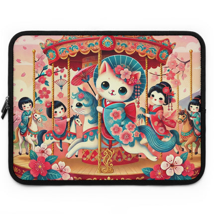 Geisha Kitten's Enchanted Carousel Laptop Sleeve – Whimsical Dreams & Cherry Blossom Magic