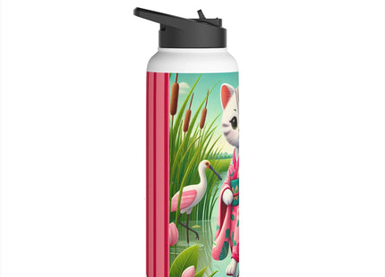 Geisha Kitten Strolls Among the Spoonbills Stainless Steel Water Bottle, Standard Lid