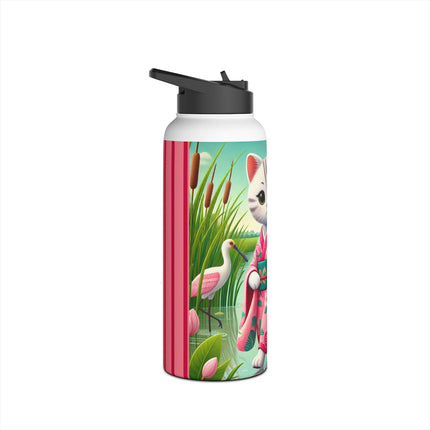 Geisha Kitten Strolls Among the Spoonbills Stainless Steel Water Bottle, Standard Lid