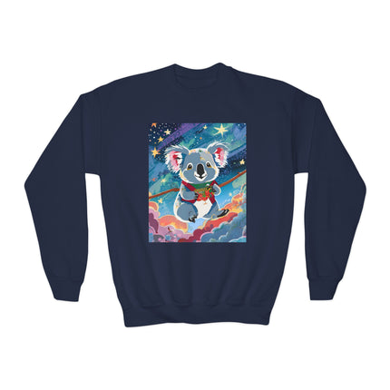 Cute Koala Youth Crewneck Sweatshirt – Dreamy Sky Adventure & Whimsical Wonder