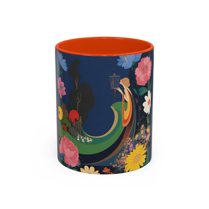 The Lady And The Crimson Moonbird Colorful Mugs – Art Deco Whimsical Garden Elegance