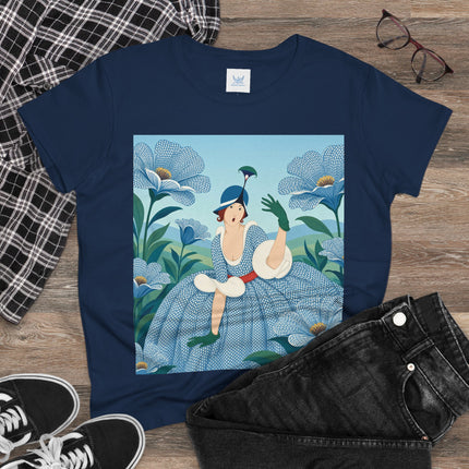 💙🌼 The Blue Blossom Garden Belle Cotton Tee – Art Deco Floral Whimsy