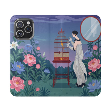 🐦🌸 The Lady And The Golden Bird Flip Case – Art Deco Floral Reverie