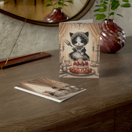 🐈🍓 The Little Parlour Maid’s Strawberry Tea Greeting Card – Whimsical Animal Adventure