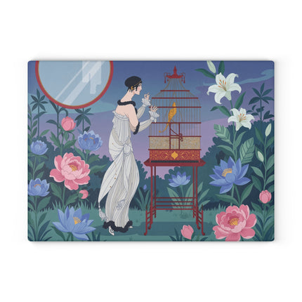 🐦🌸 The Lady Of The Golden Songbird Glass Cutting Board – Art Deco Floral Garden Elegance