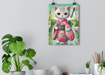 Geisha Kitten Strolls Among the Spoonbills Giclée Art Print