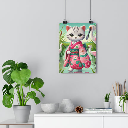 Geisha Kitten Strolls Among the Spoonbills Giclée Art Print