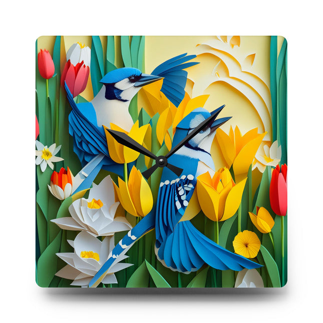 Blue Jays in a Spring Garden Acrylic Wall Clock, Round and Square