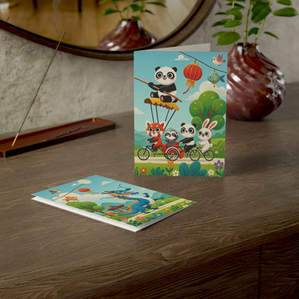 🐉🚲 The Dragon Garden Bicycle Parade Greeting Card – Whimsical Animal Adventure