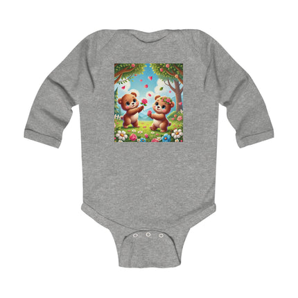 Petals and Paws Baby Long Sleeve Bodysuit – Teddy Bear Garden Friendship Design