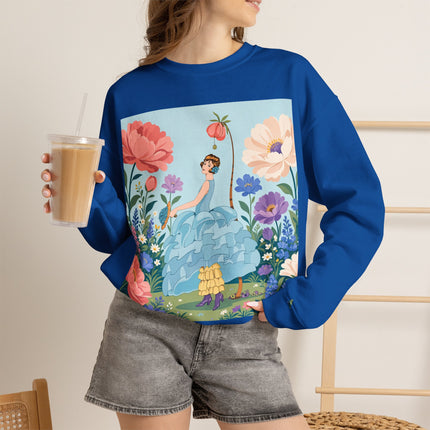 🌸🩵 The Blue Ruffle Garden Crewneck Sweatshirt – Art Deco Floral Whimsy