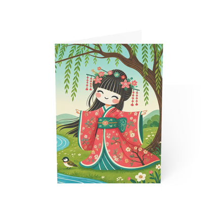 🌸🐦 The Willow Garden Maiden Greeting Card – Whimsical Japanese Garden