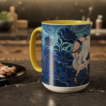 💙🌸 The Sapphire Wind Dancer Colorful Mug – Art Deco Floral Fantasy