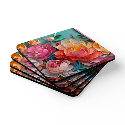 Peonies in Full Bloom Corkwood Coaster Set