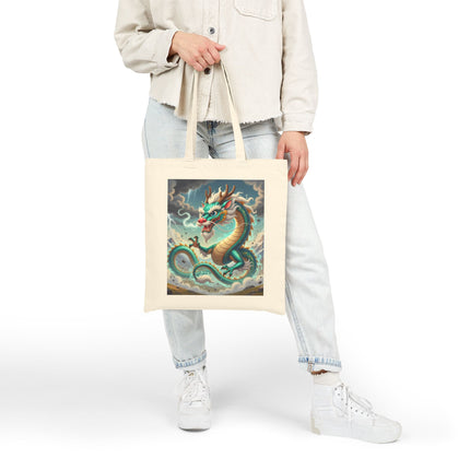 The Tibetan Dragon in Battle Cotton Canvas Tote Bag – Power, Motion & Mythic Energy