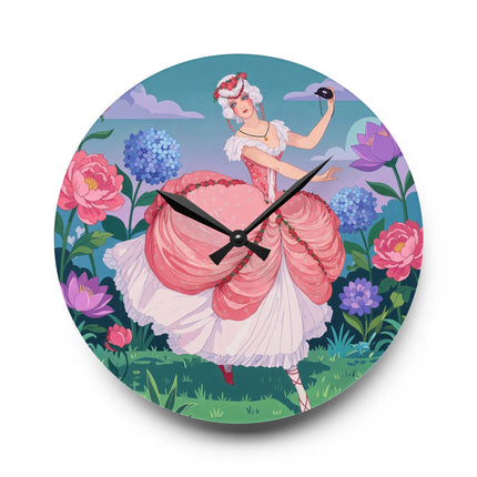 🌸🎭 The Rose Garden Masquerade Acrylic Wall Clock – Art Deco Floral Elegance