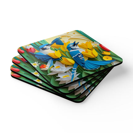 Blue Jays in a Spring Garden Corkwood Coaster Set