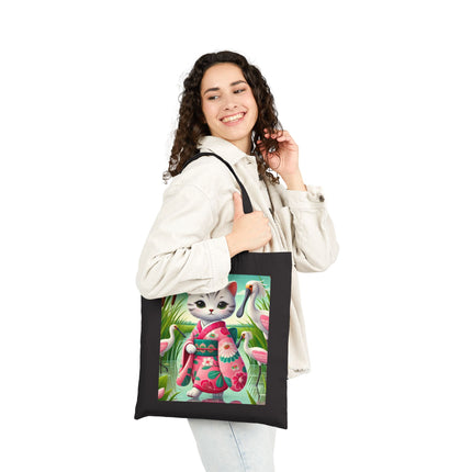 Geisha Kitten Strolls Among the Spoonbills Cotton Canvas Tote Bag – Serene Grace & Marshland Wonder