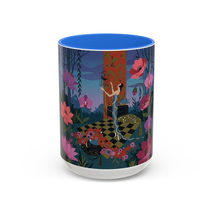 The Lady And The Midnight Birdcage Colorful Mugs – Art Deco Botanical Elegance