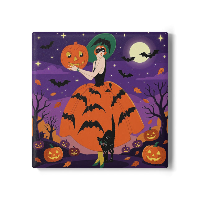 🎃🌕 The Pumpkin Moon Enchantress Ceramic Coaster – Elegant Halloween Masquerade