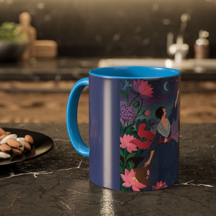 The Lady And The Morning Song Colorful Mugs – Art Deco Botanical Elegance