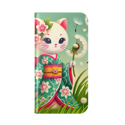 🌾🌼 Geisha Kitten and the Dandelion Wish Flip Case – Gentle Wishes & Quiet Wonder