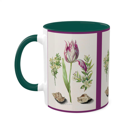 Tulip, Branches of Myrtle and Shells by Maria Sibylla Merian Colorful Mugs, 11oz