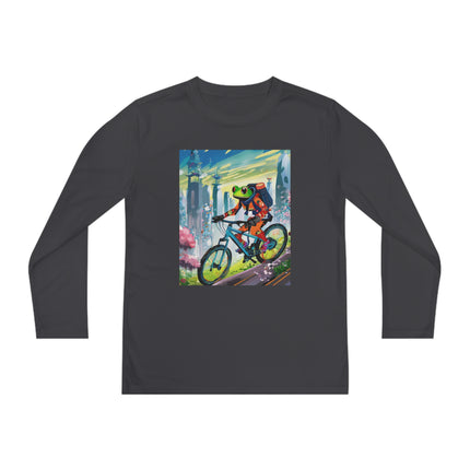 Cyberpunk Frog Youth Long Sleeve Competitor Tee – Neon Trails & Futuristic Adventure