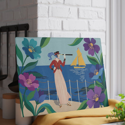 🔭⛵ The Lady Of The Seaside Spyglass Glass Cutting Board – Art Deco Coastal Elegance