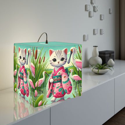 🌸🦩 Geisha Kitten Strolls Among the Spoonbills Light Cube Lamp – Serene Grace & Marshland Wonder